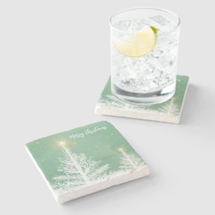 Glittering Blue Background with Christmas Tree Stone Coaster