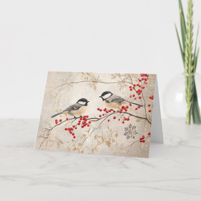 Glittering Chickadees with Red Berries Card (Front)