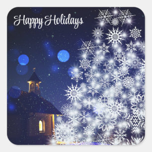  Glittering Christmas tree with Blue Background Square Sticker
