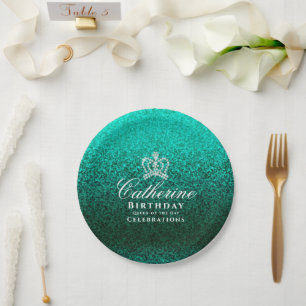 Glittering Crown Green Paper Plate