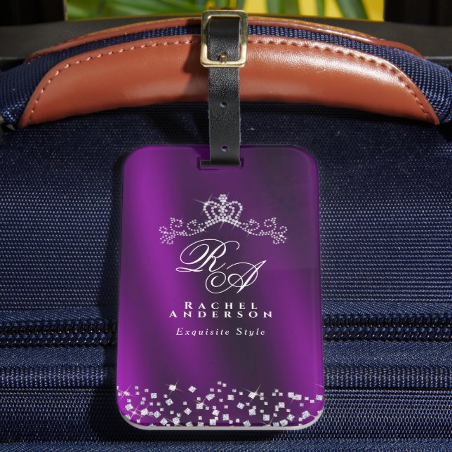 Glittering Crown Monogram Magenta Luggage Tag (Front Insitu 2)