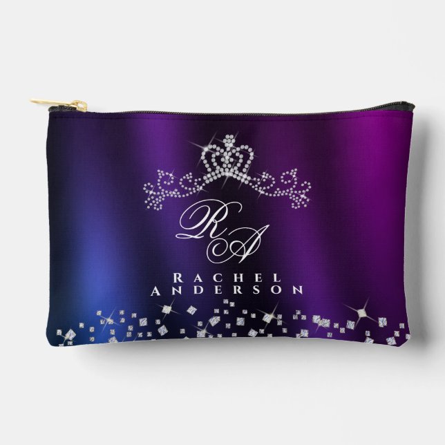 Glittering Crown Monogram Purple Blue Accessory Pouch (Front)
