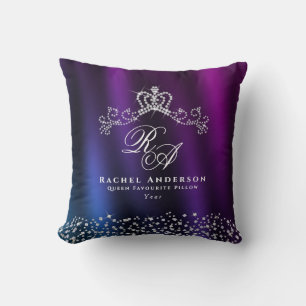 Glittering Crown Monogram Purple Blue Cushion
