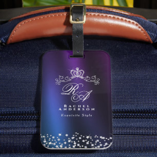 Glittering Crown Monogram Purple Blue Luggage Tag