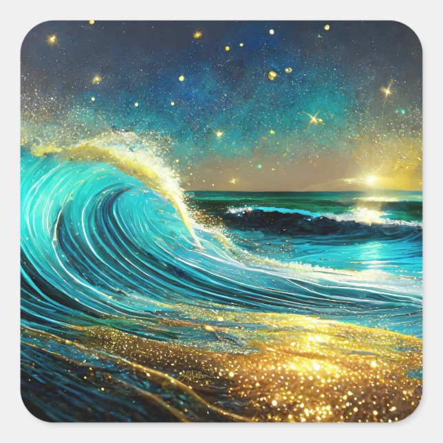 Glittering Divergent Ocean Waves Square Sticker (Front)