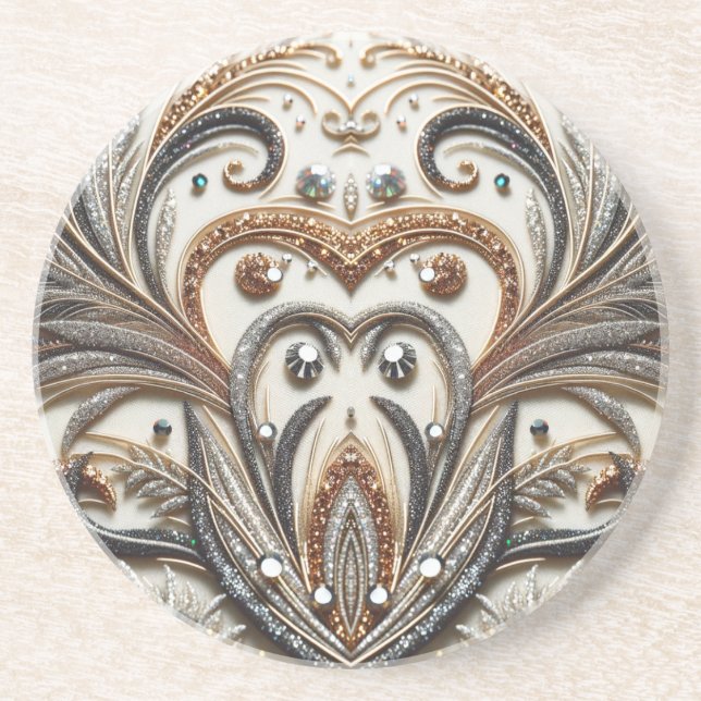 Glittering floral pattern with gemstone coaster (Front)