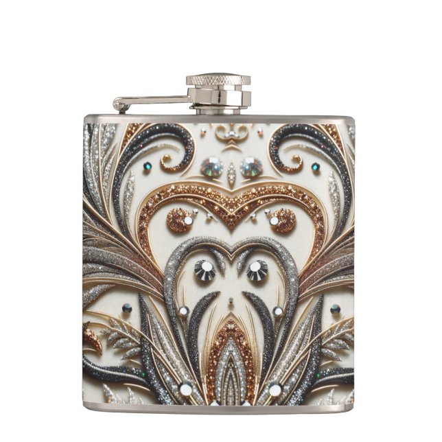 Glittering floral pattern with gemstone hip flask (Front)