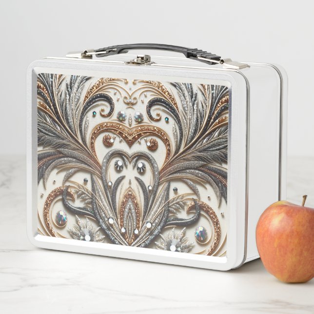 Glittering floral pattern with gemstone metal lunch box (In Situ)