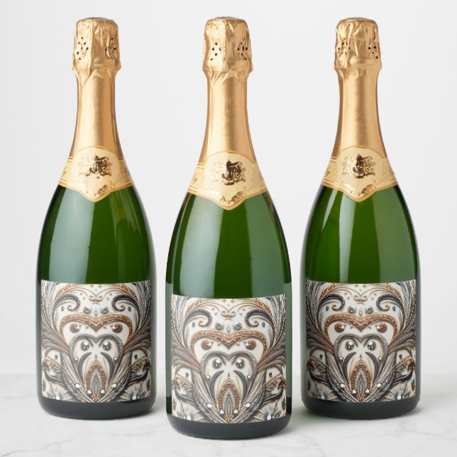 Glittering floral pattern with gemstone sparkling wine label (Bottles)