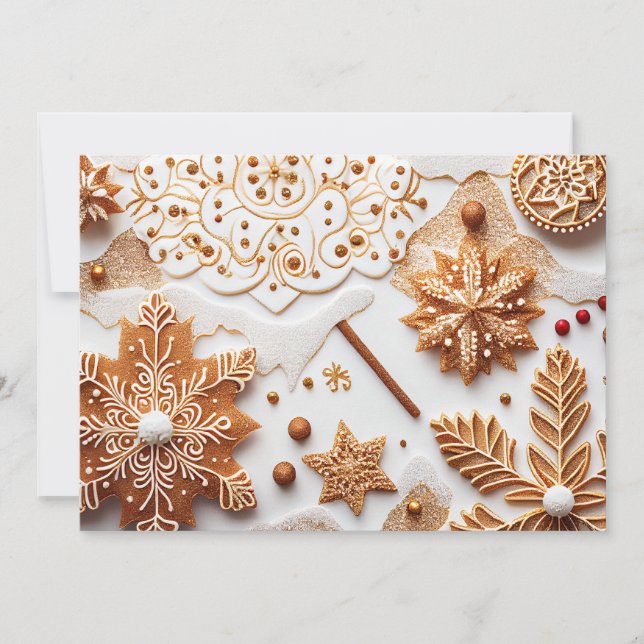 Glittering Gingerbread and Cinnamon Snowflakes Holiday Card (Front)