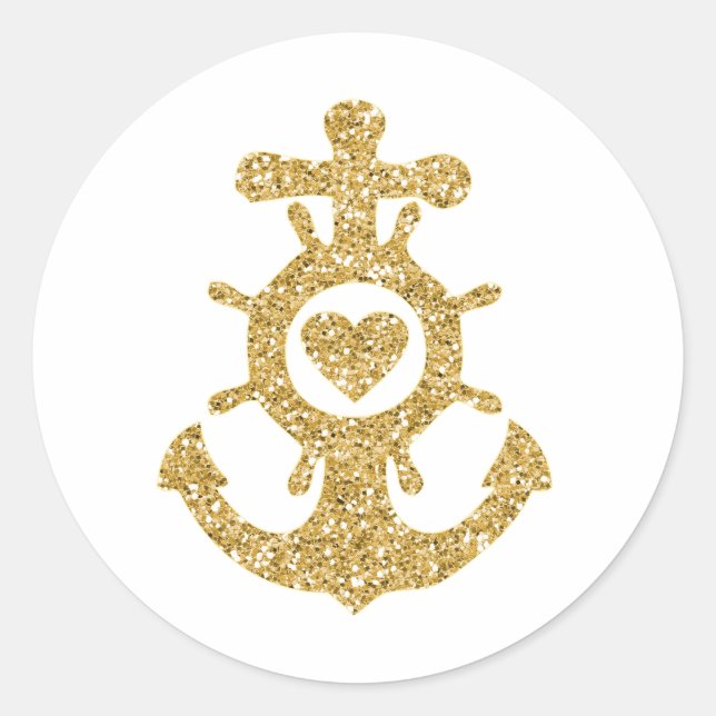 Glittering Gold Anchor with Heart Classic Round Sticker (Front)