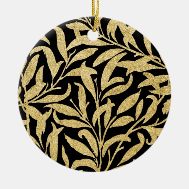 Glittering Gold and Black Leaf  Pattern Ceramic Tree Decoration (Front)