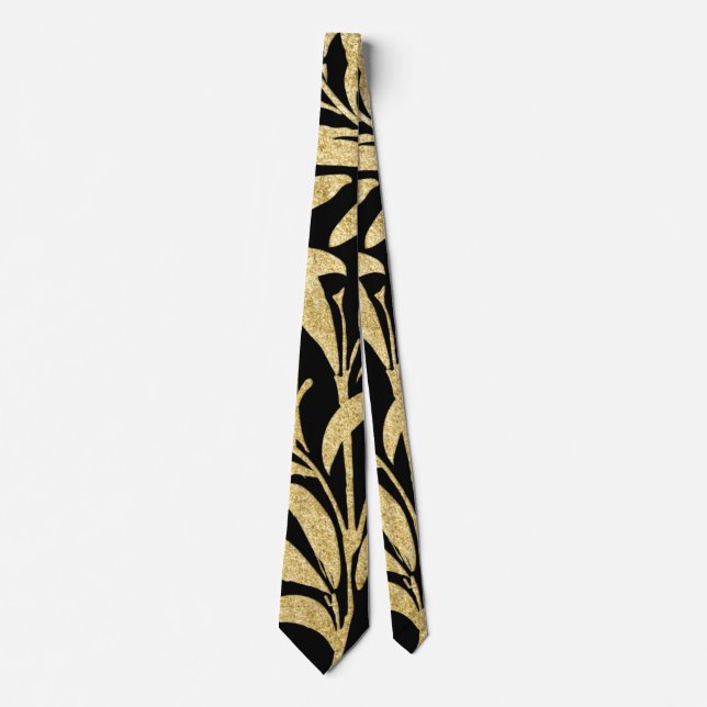 Glittering Gold and Black Leaf  Pattern Tie (Front)