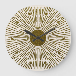 Glittering golden sun, vintage rays. large clock