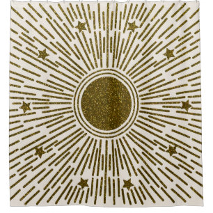 Glittering golden sun, vintage rays. shower curtain