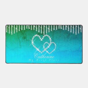 Glittering Hearts Aqua Desk Mat