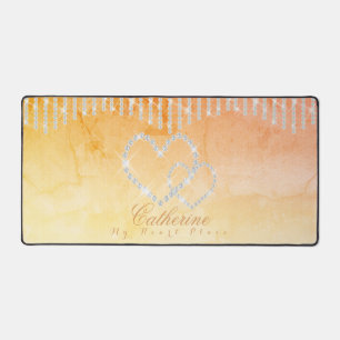 Glittering Hearts Yellow Peach Desk Mat