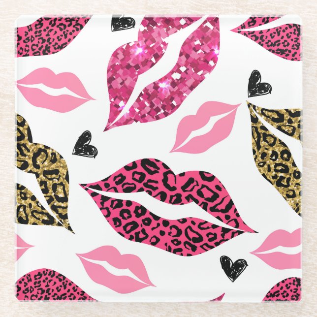 Glittering Lips: Leopard Fashion Pattern Glass Coaster (Front)