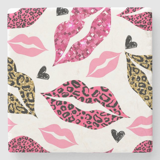 Glittering Lips: Leopard Fashion Pattern Stone Coaster (Front)