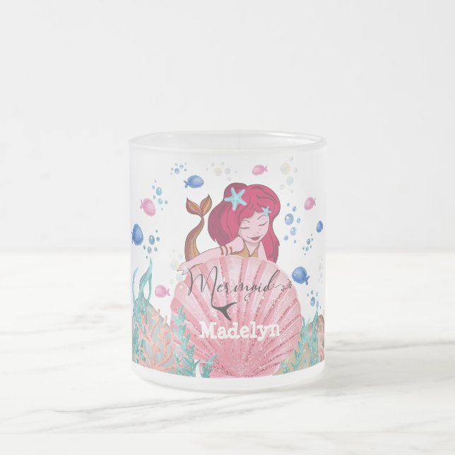 🧜‍♀️Glittering Mermaid Under The Sea Custom Name Frosted Glass Coffee Mug (Center)