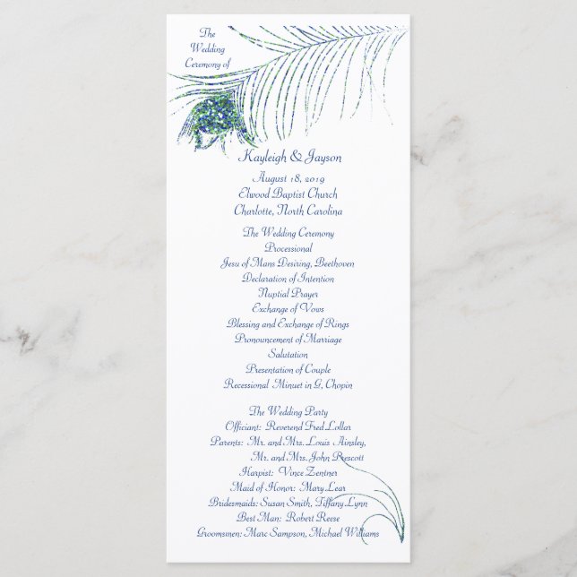 Glittering Peacock Wedding Program Rack Card (Front)