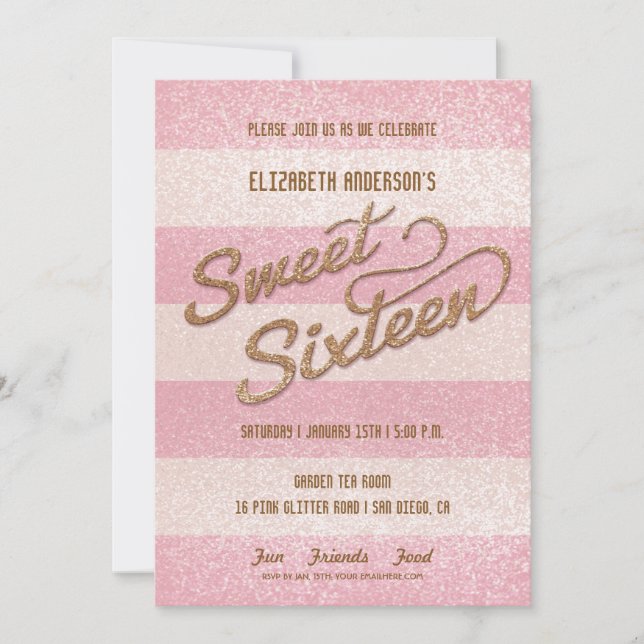 Glittering Pink Bold Stripes Sweet Sixteen Party Invitation (Front)