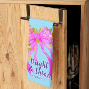 Glittering Pink Ribbon Christmas Blue Tea Towel