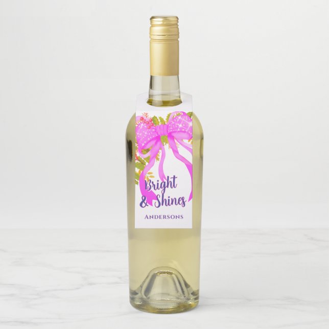Glittering Pink Ribbon Christmas Bottle Tag (On Bottle)