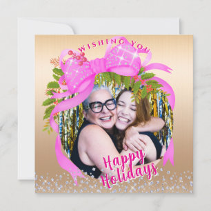 Glittering Pink Ribbon Christmas Flat Holiday Card