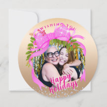 Glittering Pink Ribbon Christmas Flat Holiday Card