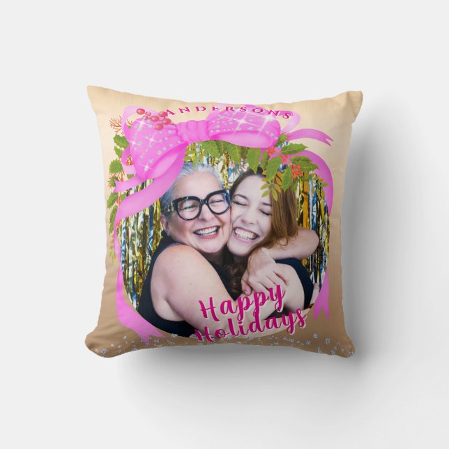 Glittering Pink Ribbon Christmas Photo Gold Cushion (Front)
