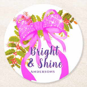 Glittering Pink Ribbon Christmas Round Paper Coaster
