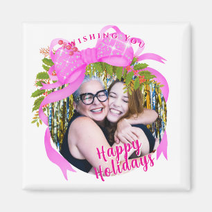 Glittering Pink Ribbon Christmas White Magnet