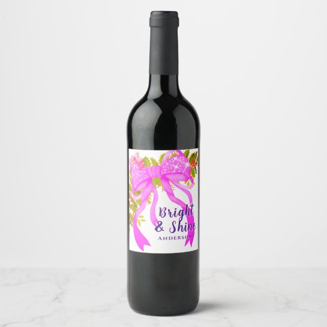 Glittering Pink Ribbon Christmas Wine Label (Front)