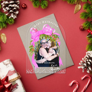 Glittering Pink Ribbon Photo Christmas Pink Acrylic Invitations