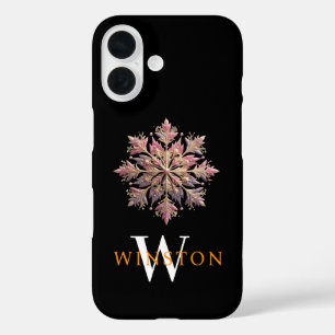 Glittering Pink Snowflake Elegance Monogram Black iPhone 16 Case