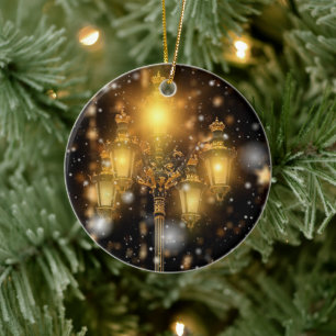 Glittering Snow Falling on the Lamp Ceramic Tree Decoration