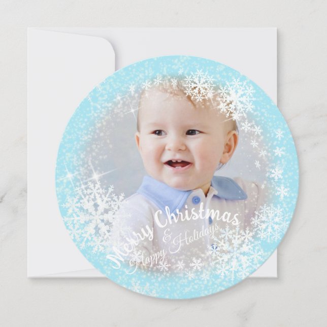 Glittering Snow Flakes Blue Holiday Card (Front)