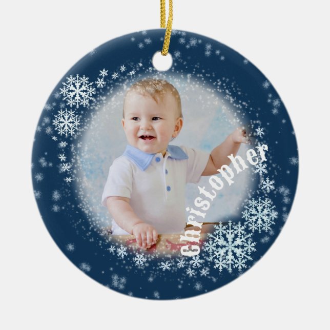 Glittering Snow Flakes Blue Round Ornament  (Front)