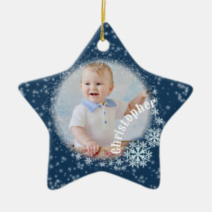 Glittering Snow Flakes Blue Star Ornament 