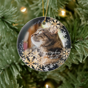 Glittering Snow Flakes Photo Black Ornament