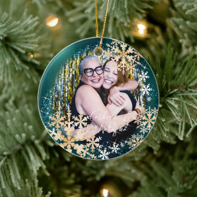 Glittering Snow Flakes Photo Green Ornament (Tree)