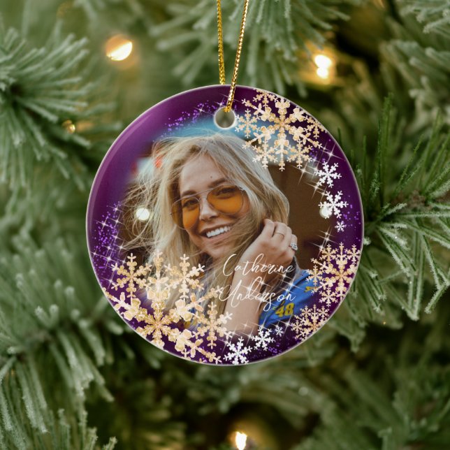 Glittering Snow Flakes Photo Magenta Ornament (Tree)