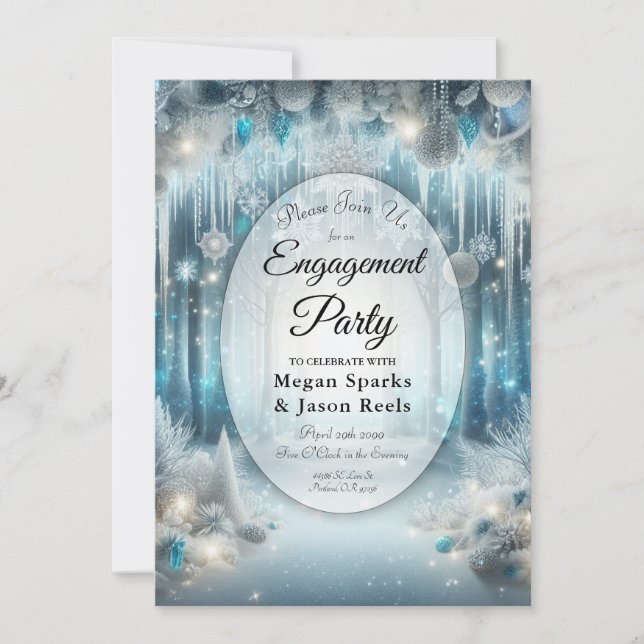 Glittering Snowy Forest Engagement Party Invitation (Front)