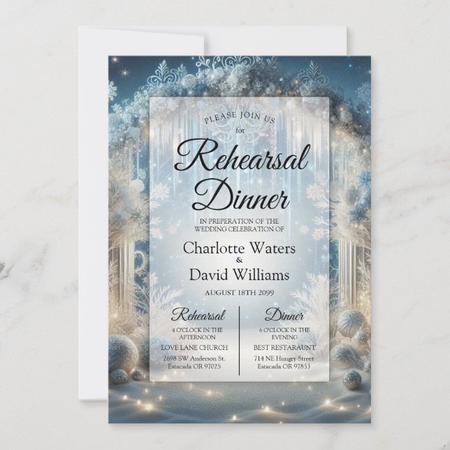 Glittering Snowy Forest Rehearsal Dinner Invitation (Front)