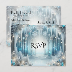 Glittering Snowy Forest Wedding RSVP Invitation Postcard