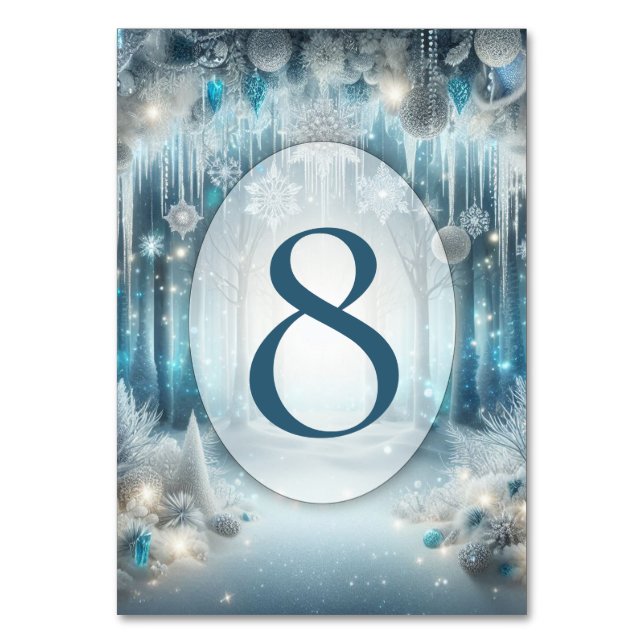 Glittering Snowy Forest Wedding Table Number (Front)