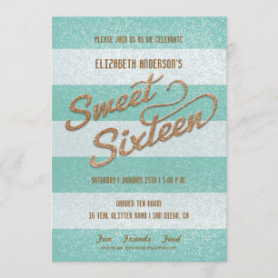 Glittering Teal Bold Stripes Sweet Sixteen Party Invitation
