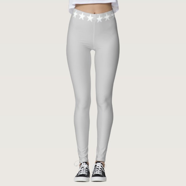 Glittering white stars on silver grey leggings (Front)