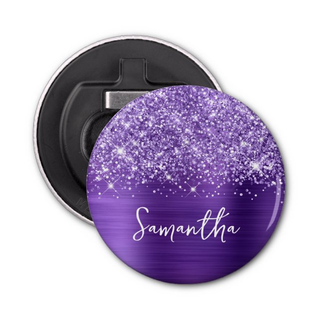 Glittery Amethyst Purple Glam Name Bottle Opener (Front)